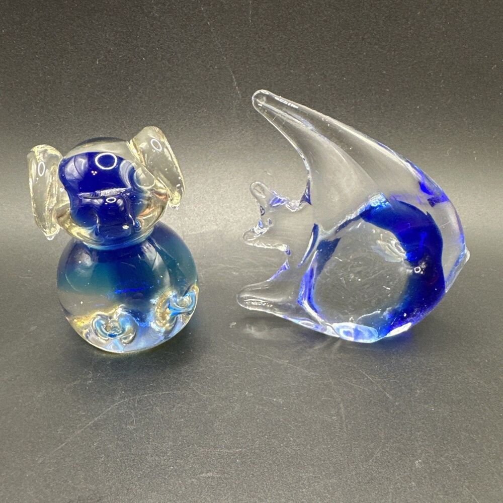 Art glass Angel fish & Pig hand blown Glass paperweight clear And Blue  3” tall